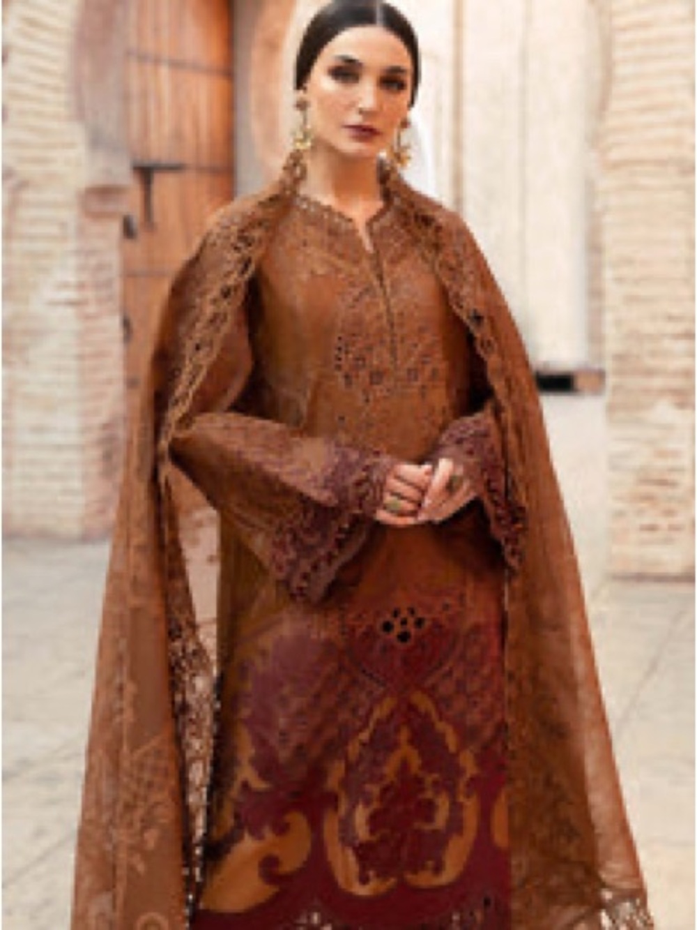 MARIA B Embroidered Brown & Maroon   Dress with Shawl SIZE small (new)original